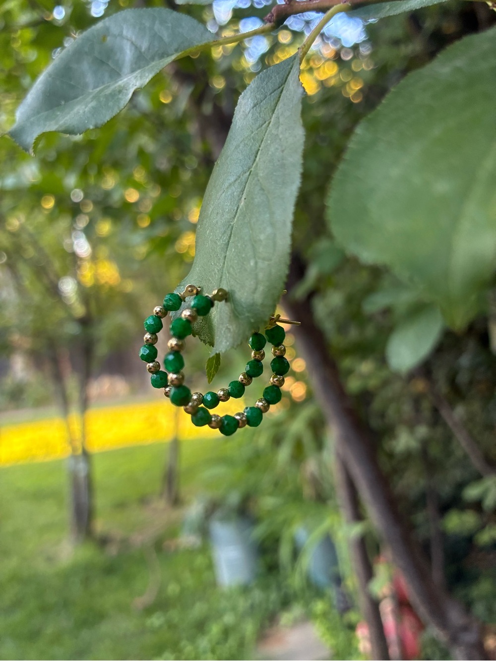 Emerald Beaded Hoop Earrings - Gold Accents